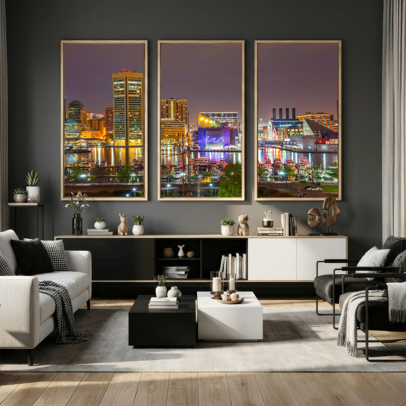 42654823-MGV-CV-36X24 - Baltimore Skyline Wall Art Canvas Print, Baltimore Downtown Night Cityscape Print for Modern Urban Wall Decor
