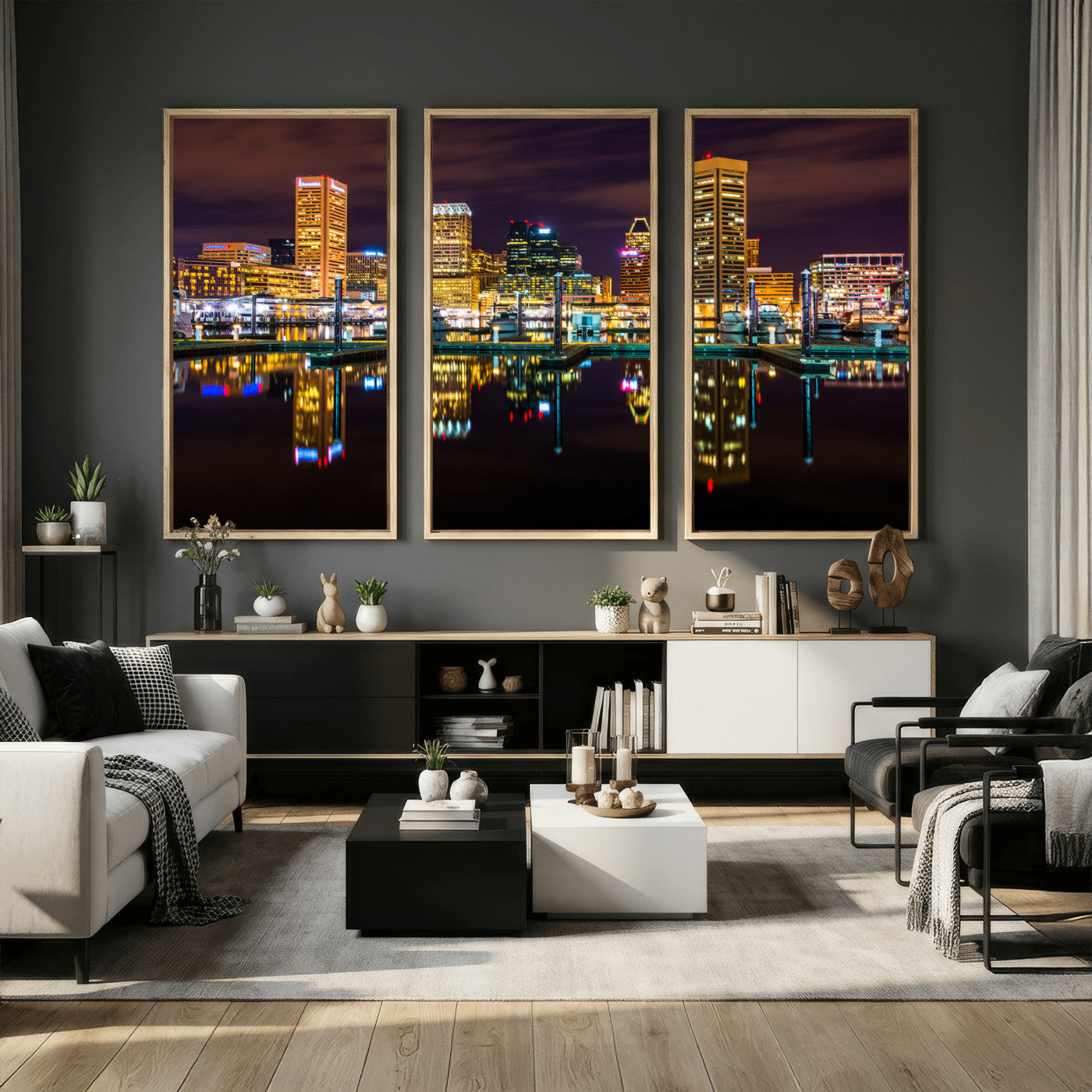 38201692-MGV-CV-36X24 - Baltimore Skyline Wall Art Canvas Print, Baltimore Downtown Night Cityscape Print for Modern Urban Wall Decor