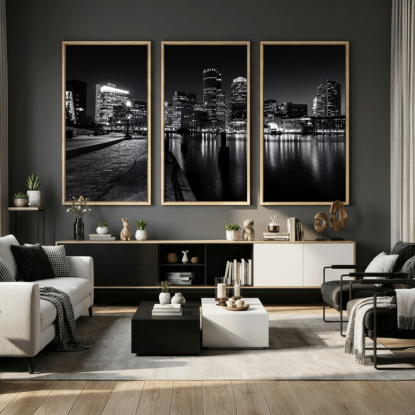 53082656-MGV-CV-36X24 - Boston Wall Art Canvas Print, Boston City Downtown Night Cityscape Print for Modern Urban Wall Decor