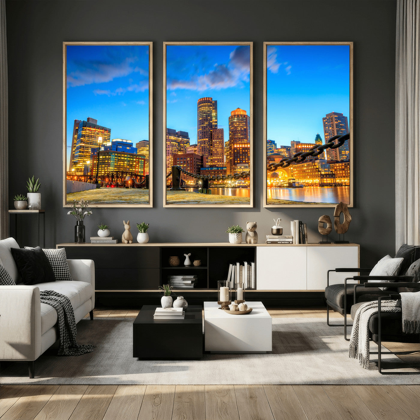 46736409-MGV-CV-36X24 - Boston Wall Art Canvas Print, Boston City Downtown Night Cityscape Print for Modern Urban Wall Decor
