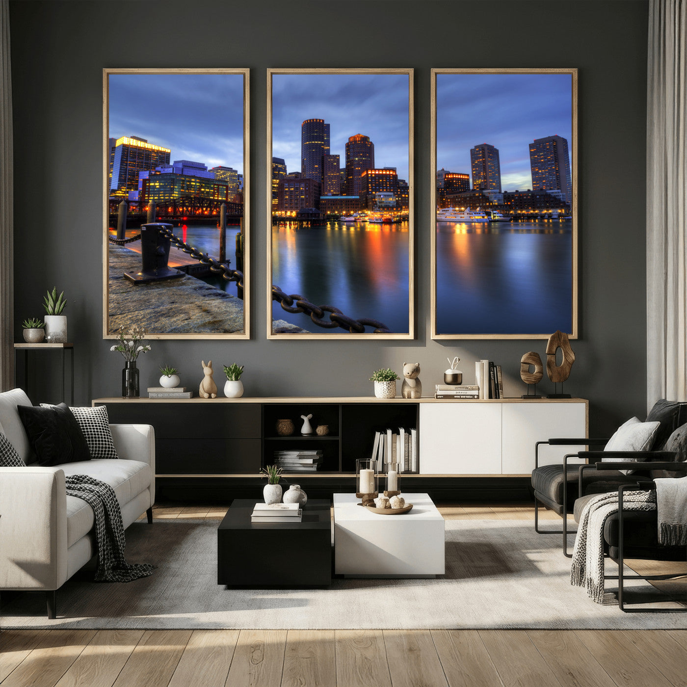 82439622-MGV-CV-36X24 - Boston Wall Art Canvas Print, Boston City Downtown Night Cityscape Print for Modern Urban Wall Decor