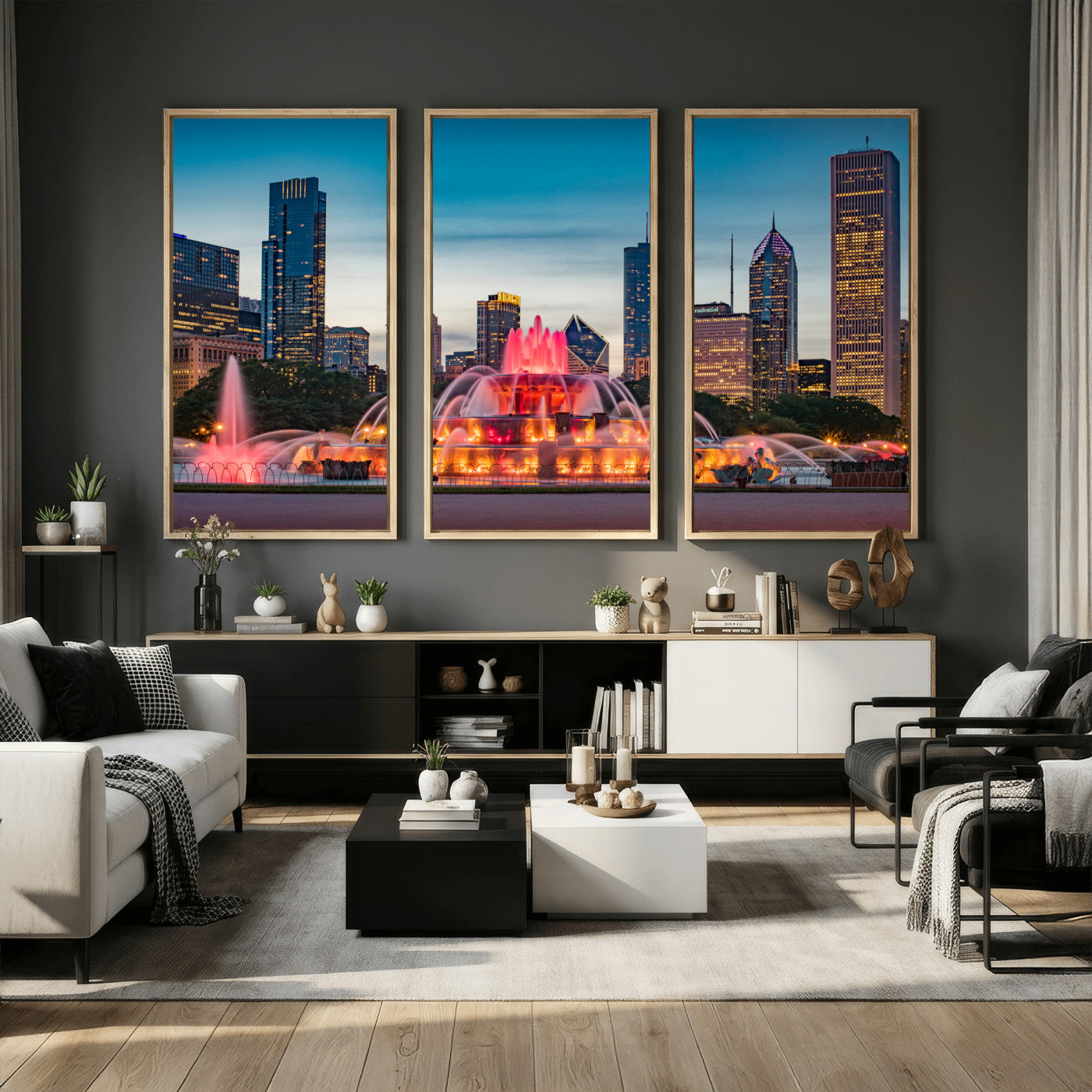 46805285-MGV-CV-36X24 - Chicago Wall Art Canvas Print, Chicago City Downtown Night Cityscape Print for Modern Urban Wall Decor