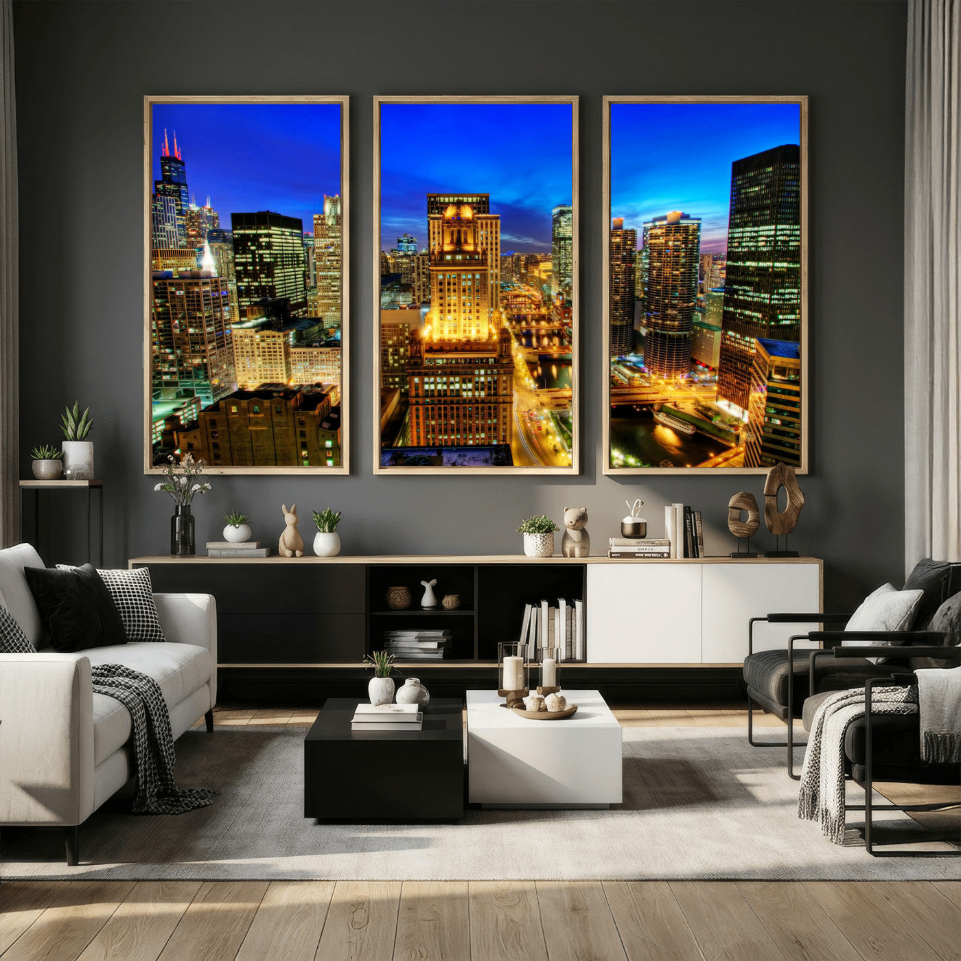 46298885-MGV-CV-36X24 - Chicago Wall Art Canvas Print, Chicago City Downtown Night Cityscape Print for Modern Urban Wall Decor
