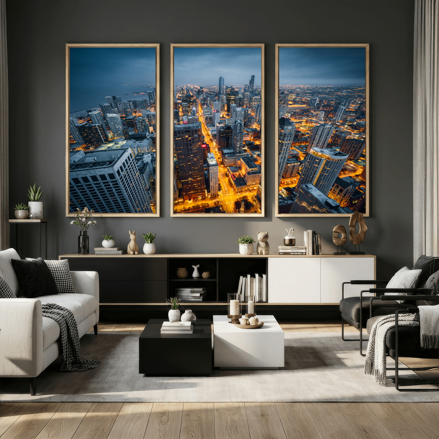 81742538-MGV-CV-36X24 - Chicago Wall Art Canvas Print, Chicago City Downtown Night Cityscape Print for Modern Urban Wall Decor