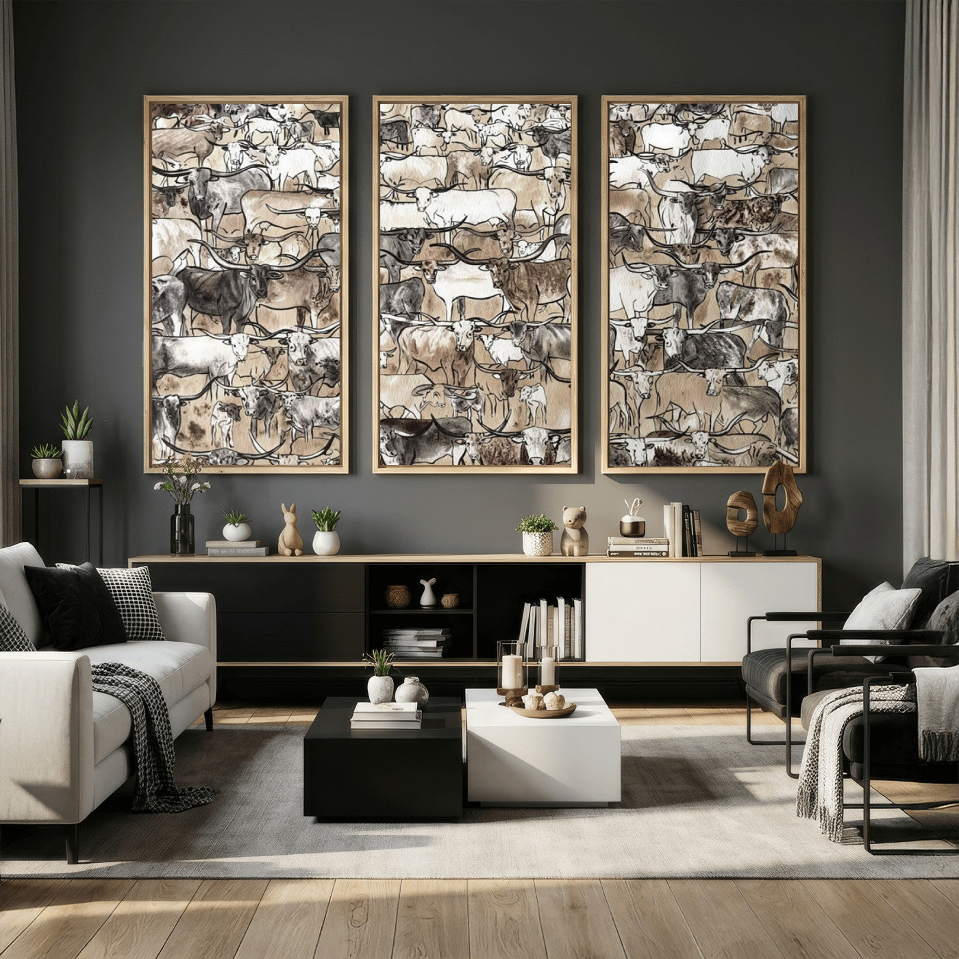 64368752-MGV-CV-36X24 - Farmhouse Animals Wall Art Canvas Print - Abstract Farm Animal Drawing Mid-Century Wall Art for Cabin Decor