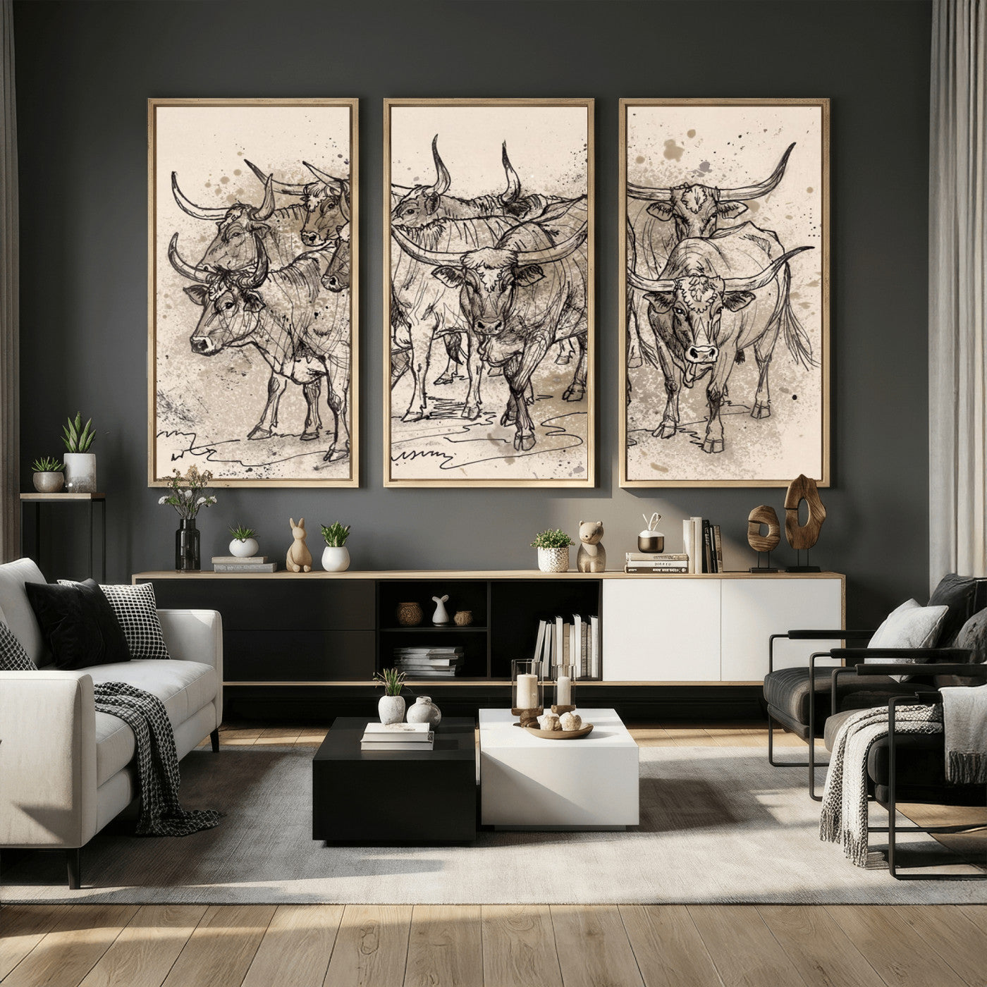 74232558-MGV-CV-36X24 - Farmhouse Animals Wall Art Canvas Print - Abstract Farm Animal Drawing Mid-Century Wall Art for Cabin Decor