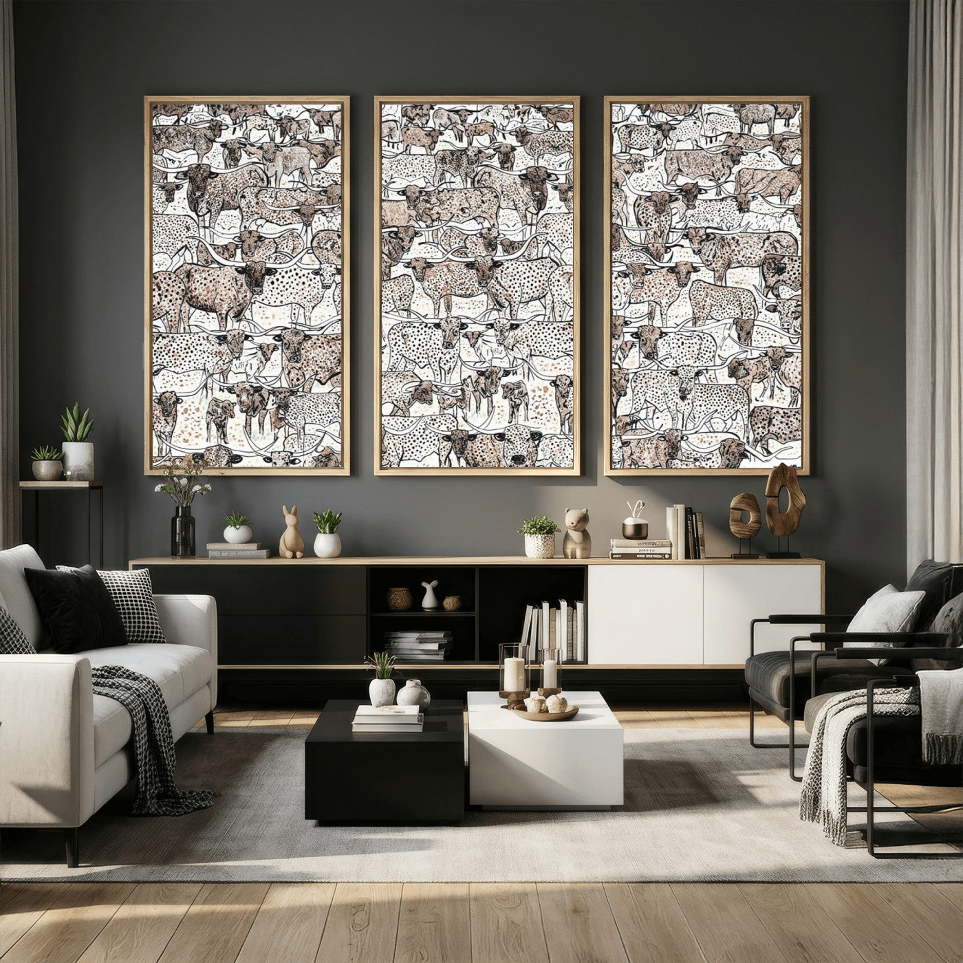 49200255-MGV-CV-36X24 - Farmhouse Animals Wall Art Canvas Print - Abstract Farm Animal Drawing Mid-Century Wall Art for Cabin Decor