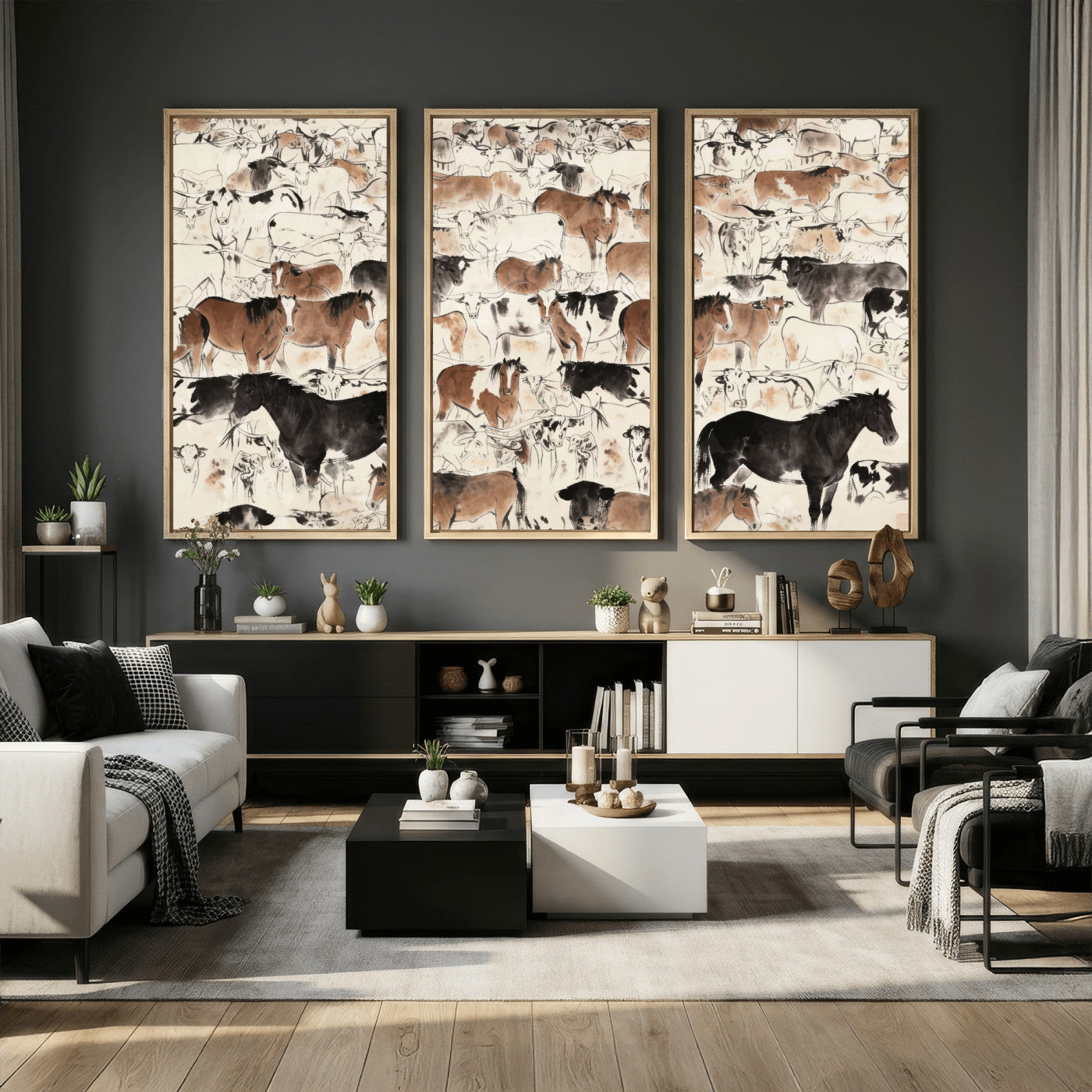 74171578-MGV-CV-36X24 - Farmhouse Animals Wall Art Canvas Print - Abstract Farm Animal Drawing Mid-Century Wall Art for Cabin Decor