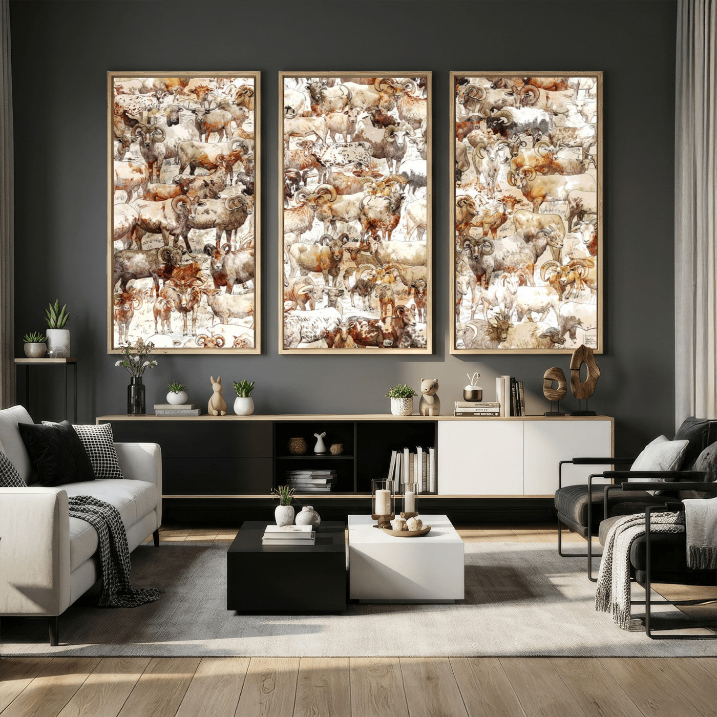 95103864-MGV-CV-36X24 - Farmhouse Animals Wall Art Canvas Print - Abstract Farm Animal Drawing Mid-Century Wall Art for Cabin Decor