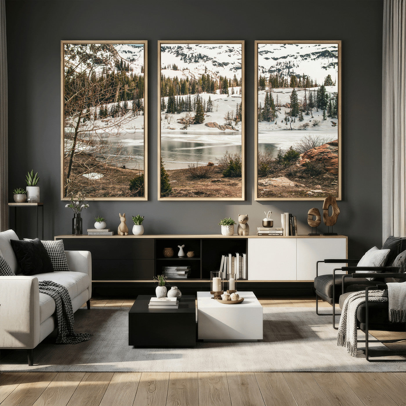 10336249-MGV-CV-36X24 - Snowy Mountain Landscape Wall Art Canvas Print, Alpine Pine Forest Winter Nature Wall Decor for Living Room and Office