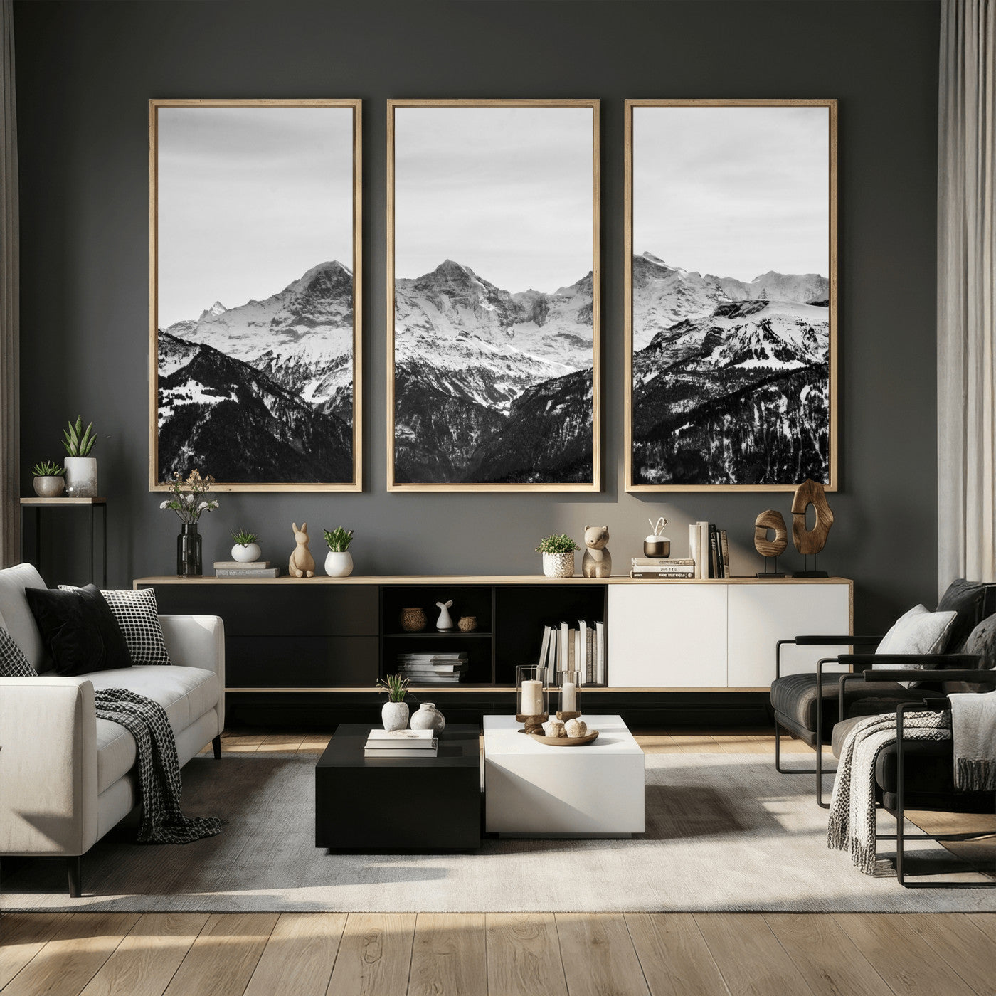 85684934-MGV-CV-36X24 - Black and White Mountain Wall Art Canvas Print, Snowy Alpine Peaks Landscape Photography, Minimal Monochrome Mountain Art, Scenic Nature Wall Decor