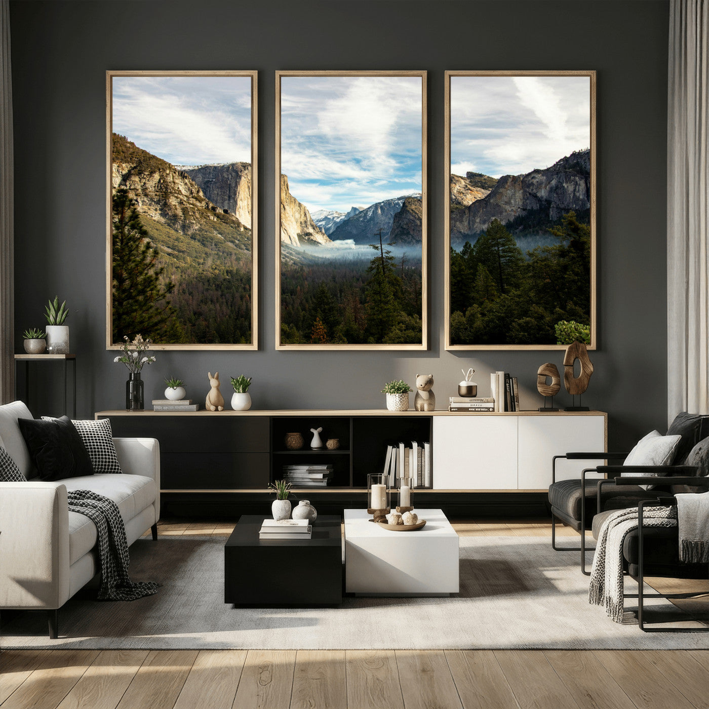 15089394-MGV-CV-36X24 - Yosemite Valley Mountain Landscape Wall Art Canvas Print, Granite Cliff Forest Valley Canvas Print, California National Park Scenic Art Printing