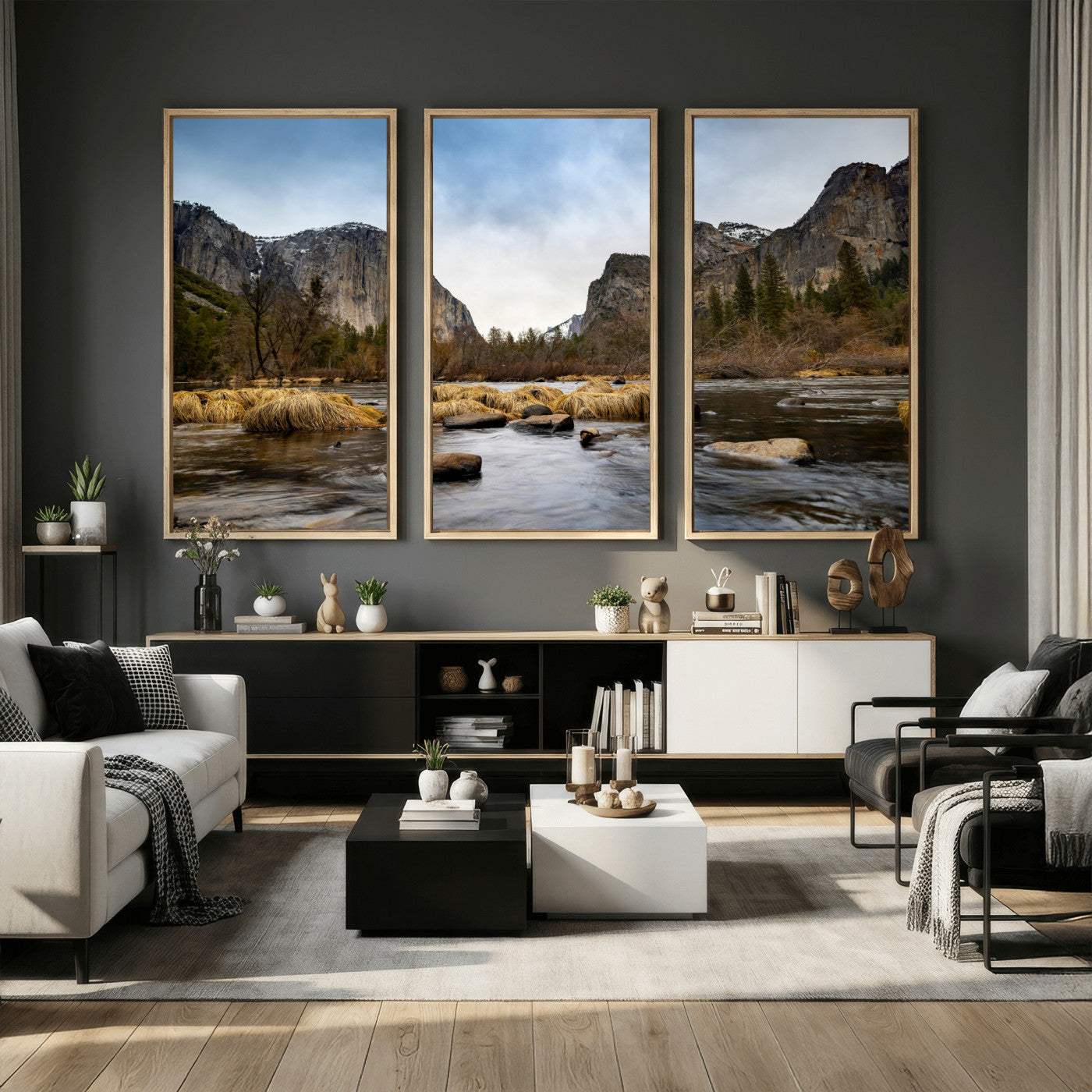 20458404-MGV-CV-36X24 - Yosemite Valley Mountain Landscape Wall Art Canvas Print, Granite Cliff Forest Valley Canvas Print, California National Park Scenic Art Printing