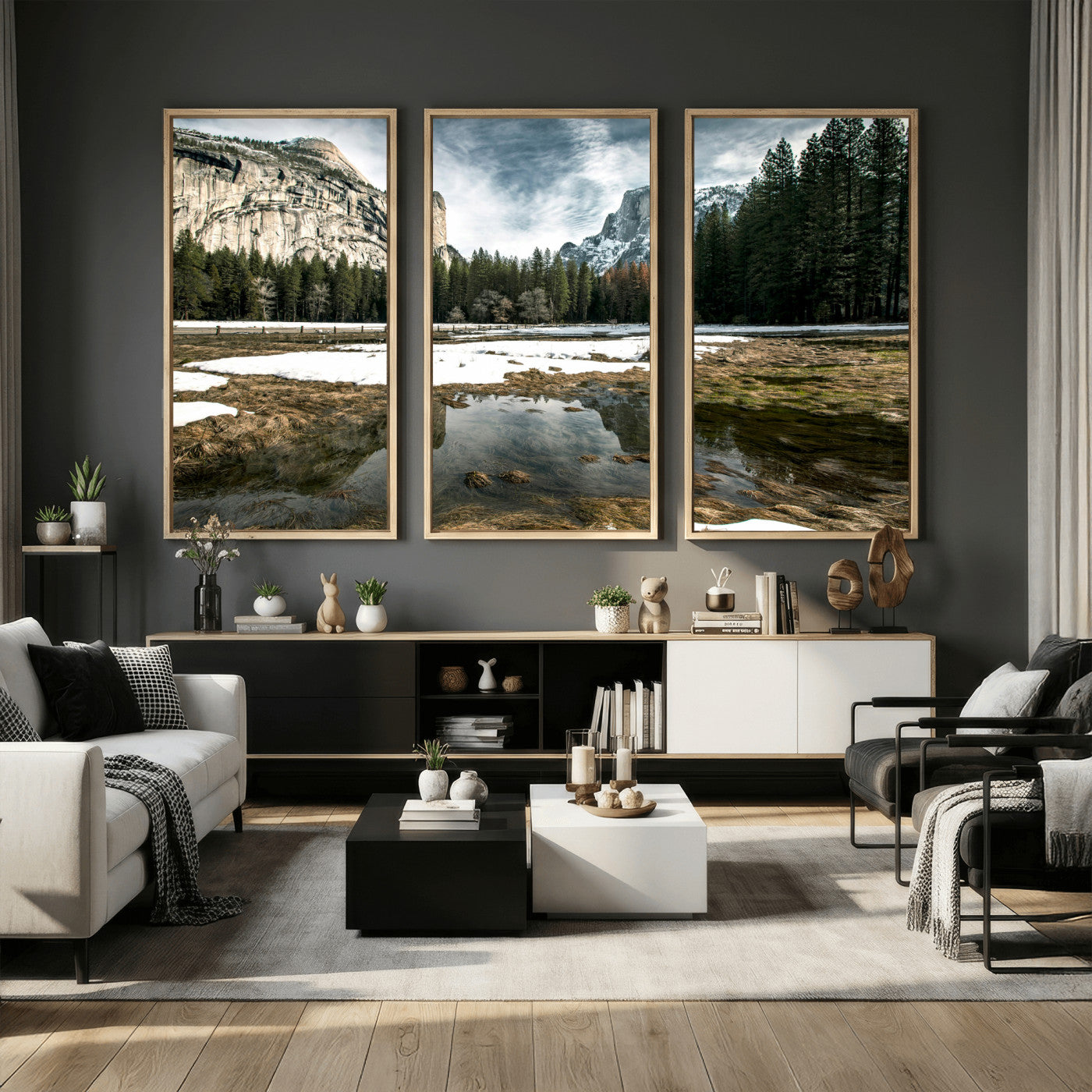 14527348-MGV-CV-36X24 - Yosemite Valley Mountain Landscape Wall Art Canvas Print, Granite Cliff Forest Valley Canvas Print, California National Park Scenic Art Printing