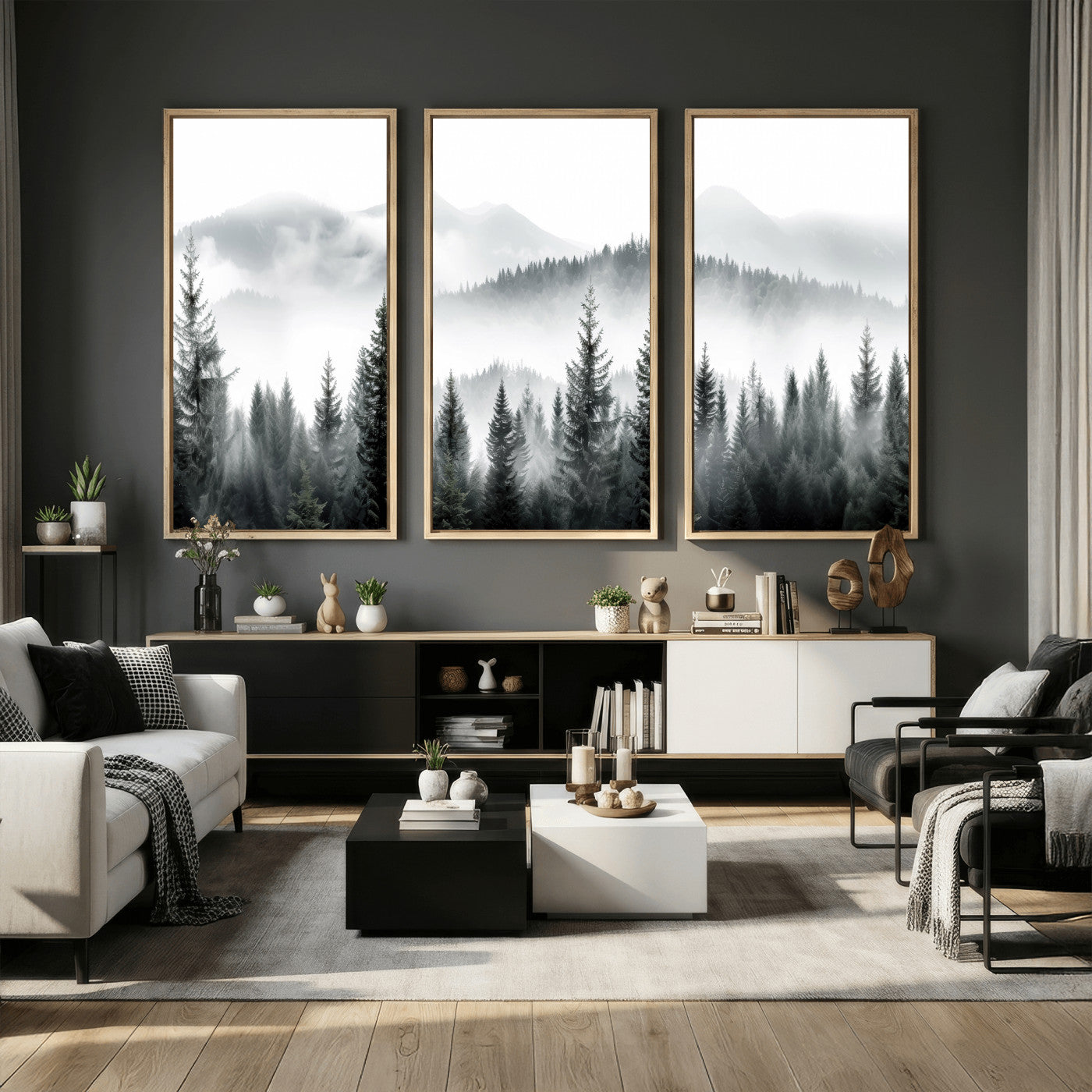 38819032-MGV-CV-36X24 - Misty Pine Forest Mountain Landscape Wall Art Canvas Print, Foggy Evergreen Trees Minimal Nature Canvas Print, Monochrome Wilderness Scenic Art Printing