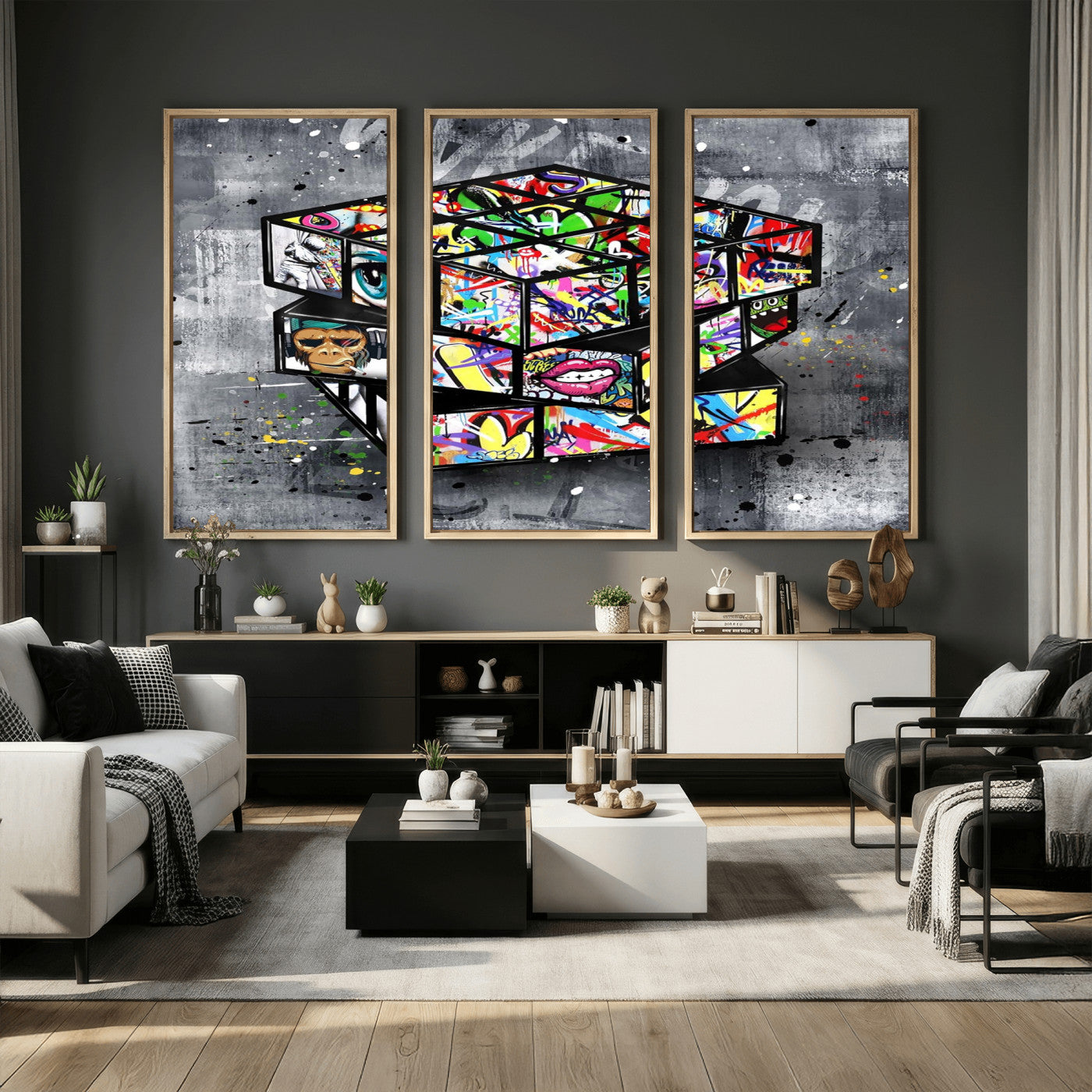 46789556-MGV-CV-36X24 - Graffiti Cube Abstract Street Art Wall Art Canvas Print, Colorful Urban Pop Art Geometric Canvas Print, Modern Street Art Contemporary Art Printing
