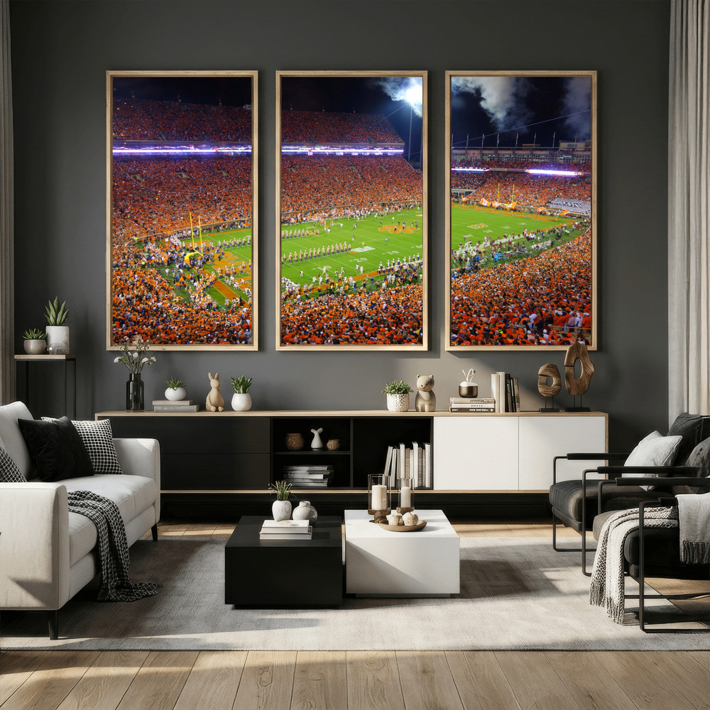 43662631-MGV-CV-36X24 - Clemson Football Stadium Wall Art Canvas Print, College Football Crowd Night Game Scene, Orange Stadium Panorama Wall Decor