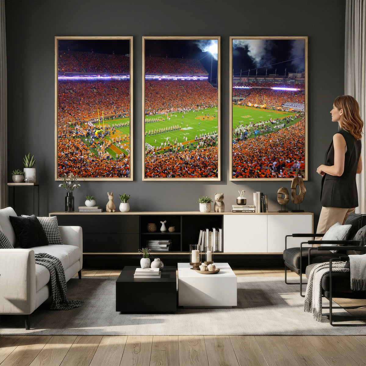 43662631-MGV-CV-36X24 - Clemson Football Stadium Wall Art Canvas Print, College Football Crowd Night Game Scene, Orange Stadium Panorama Wall Decor