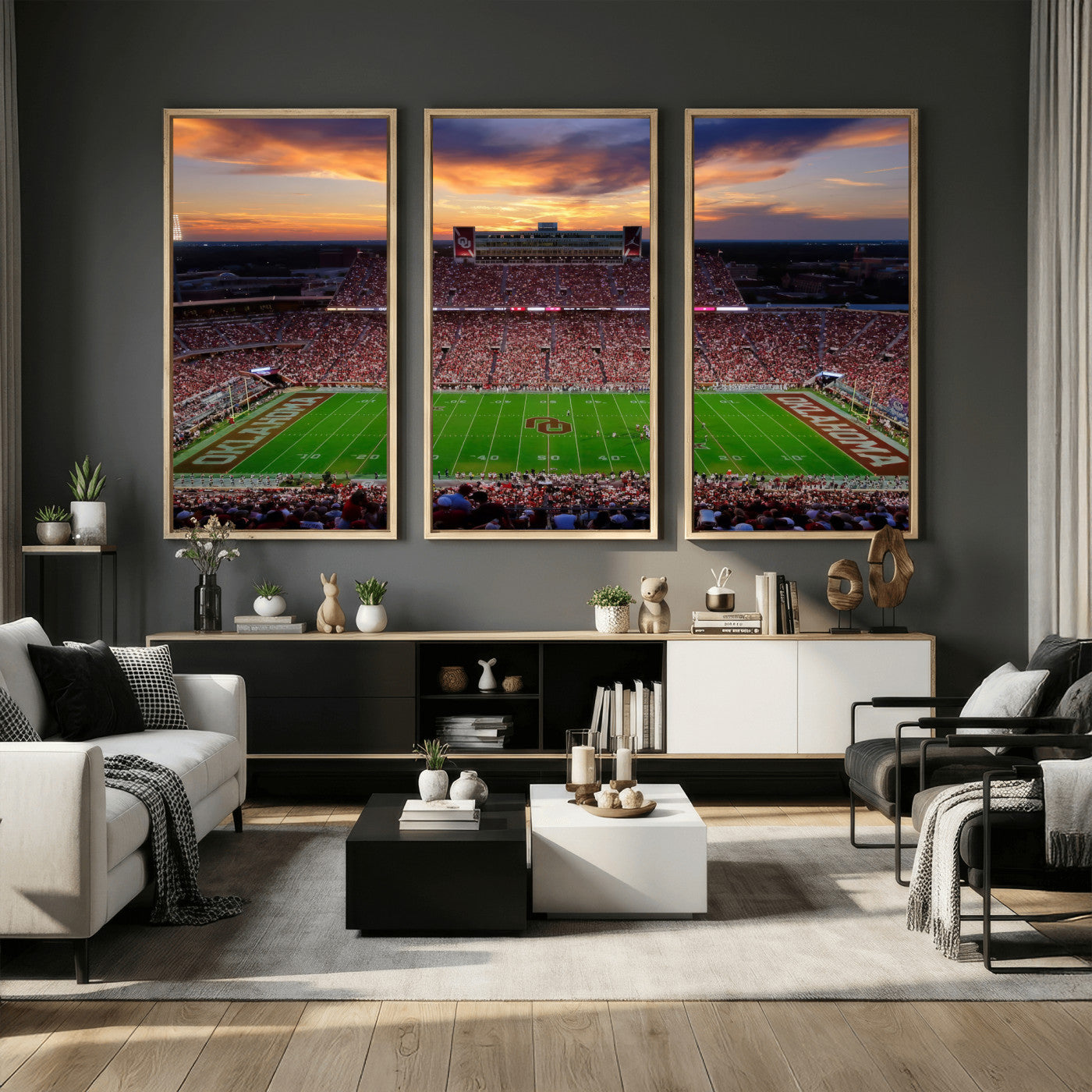 51457497-MGV-CV-36X24 - Oklahoma Sooners Stadium Wall Art Canvas Print, College Football Sunset Game Scene, OU Football Field Panorama Wall Decor