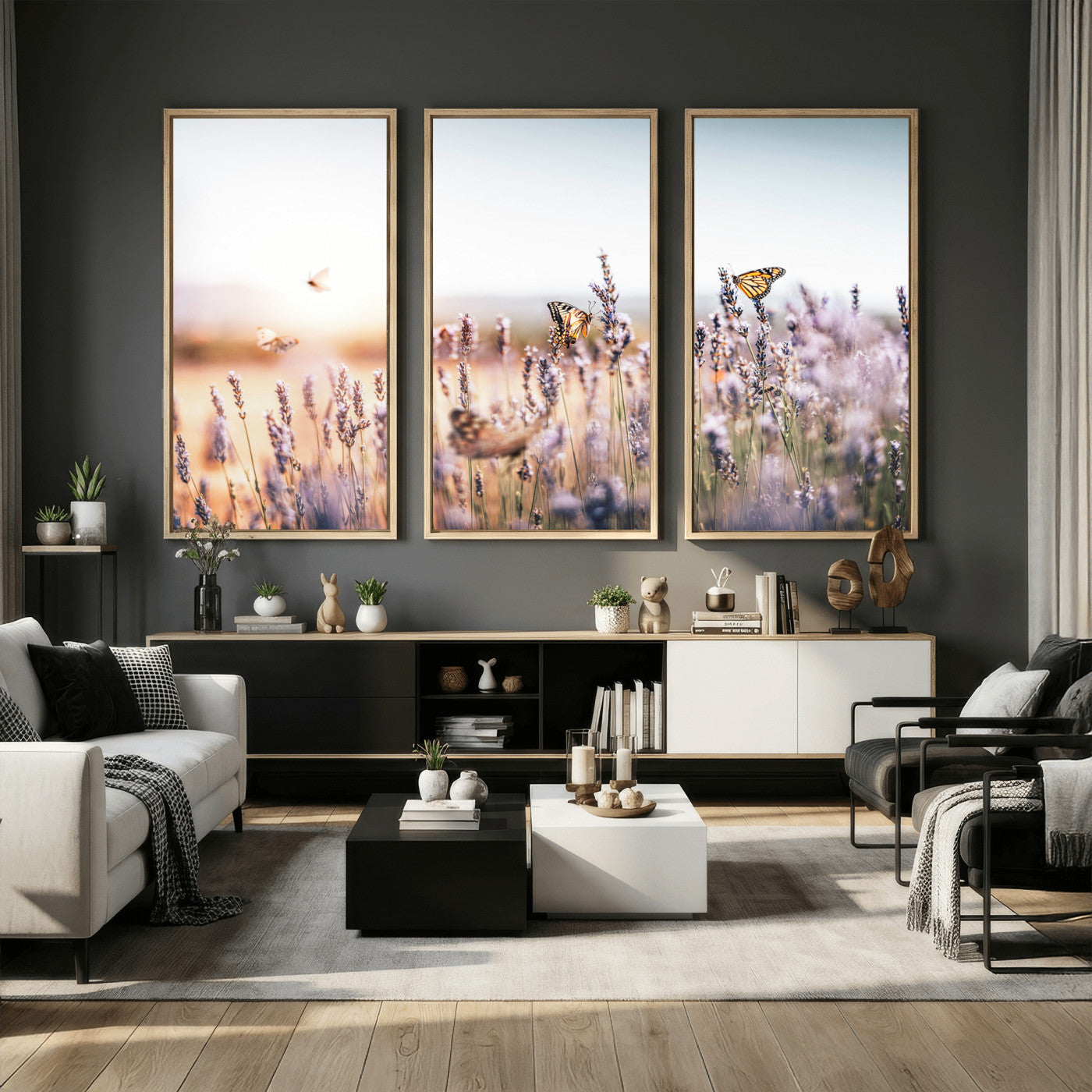 46417478-MGV-CV-36X24 - Lavender Field Wall Art Canvas Print, Butterfly Floral Landscape Art, Soft Nature Wall Decor for Bedroom