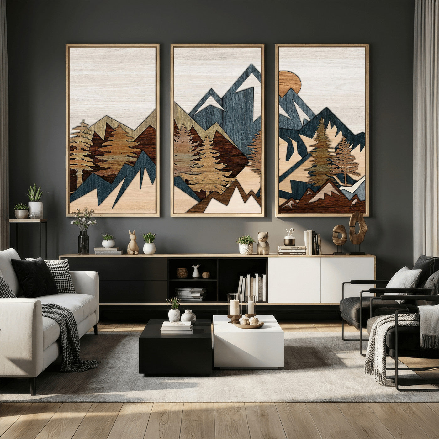 61833055-MGV-CV-36X24 - Mountain Forest Wall Art Canvas Print, Layered Wood Landscape Artwork, Rustic Nature Wall Decor for Living Room