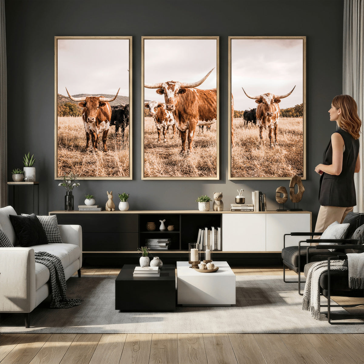 27539727-MGV-CV-36X24 - Texas Longhorn Cattle Wall Art Canvas Print, Sepia Western Decor