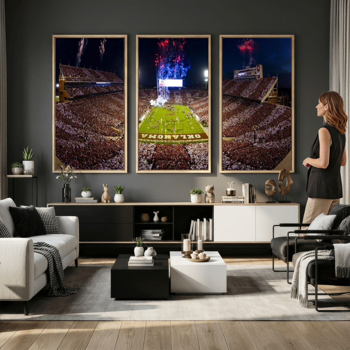 43197777-MGV-CV-36X24 - Oklahoma Memorial Stadium Wall Art Canvas Print – Oklahoma Sooners Football Artwork for Home, Office, and Sports Room Decor
