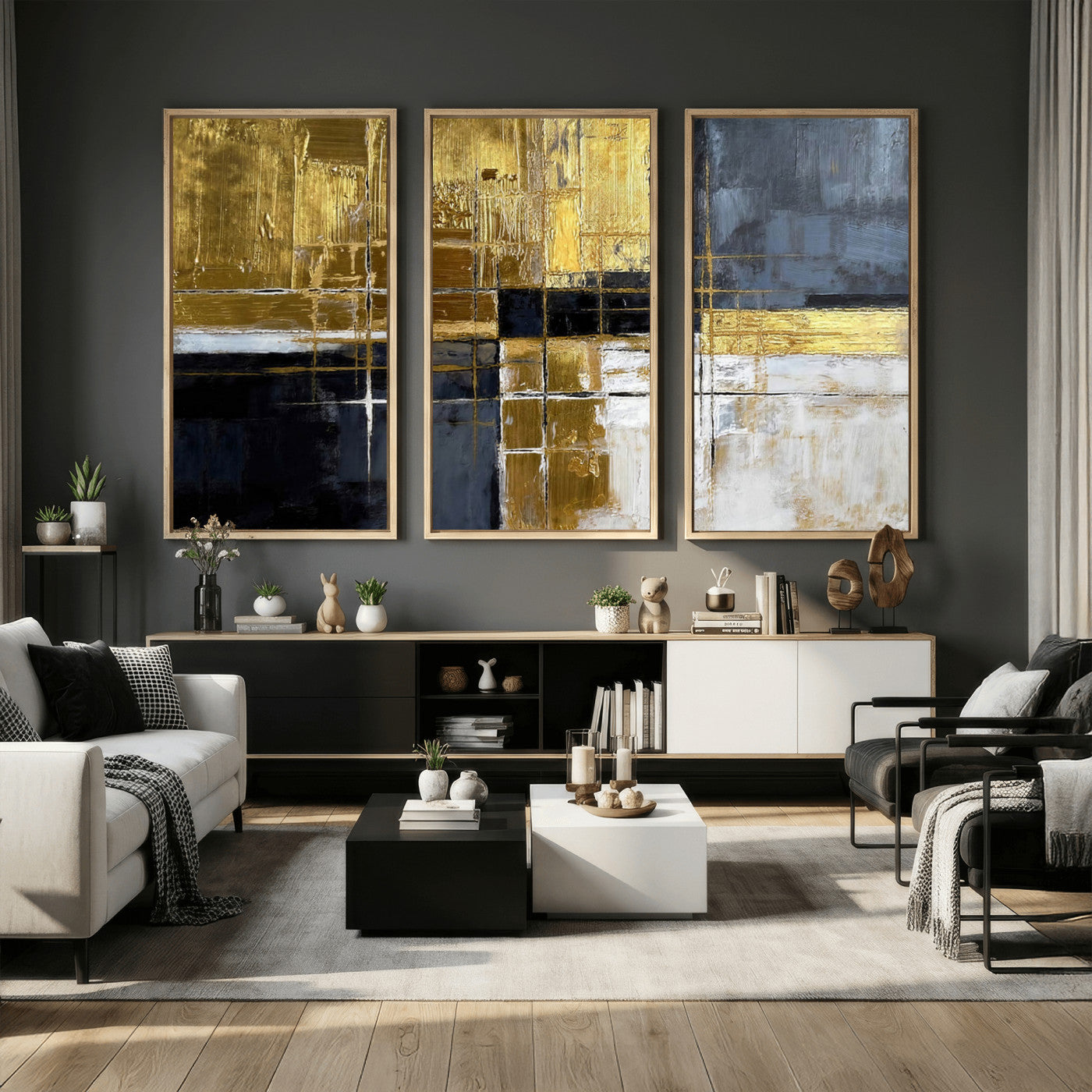 76917030-MGV-CV-36X24 - Gold Navy Abstract Wall Art Canvas Print, Modern Luxury Geometric Painting Wall Decor for Living Room and Office