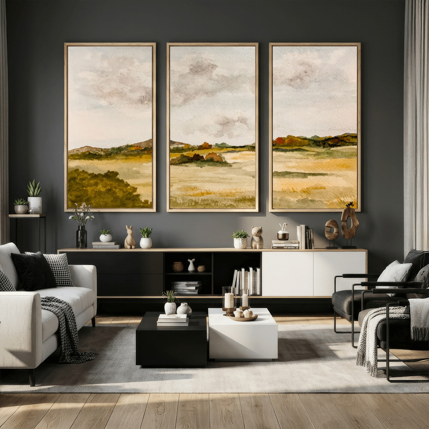 94151004-MGV-CV-36X24 - Watercolor Abstract Countryside Wall Art Canvas Print, Neutral Pastoral Landscape Painting Wall Decor for Modern Farmhouse Interiors