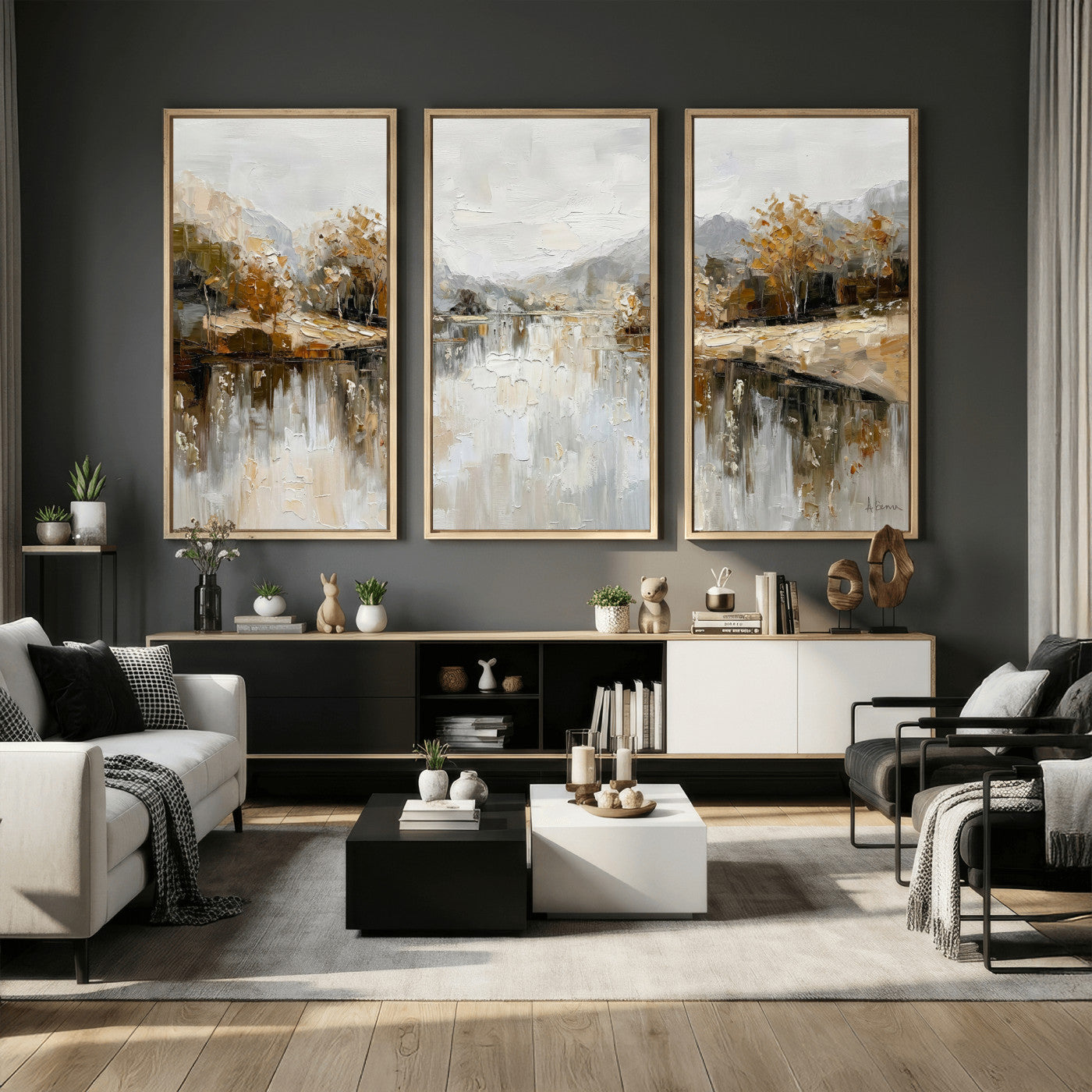 78227690-MGV-CV-36X24 - Neutral Abstract Lake Landscape Wall Art Canvas Print, Modern Minimal River Reflection Canvas Print, Beige Gray Contemporary Nature Art Printing