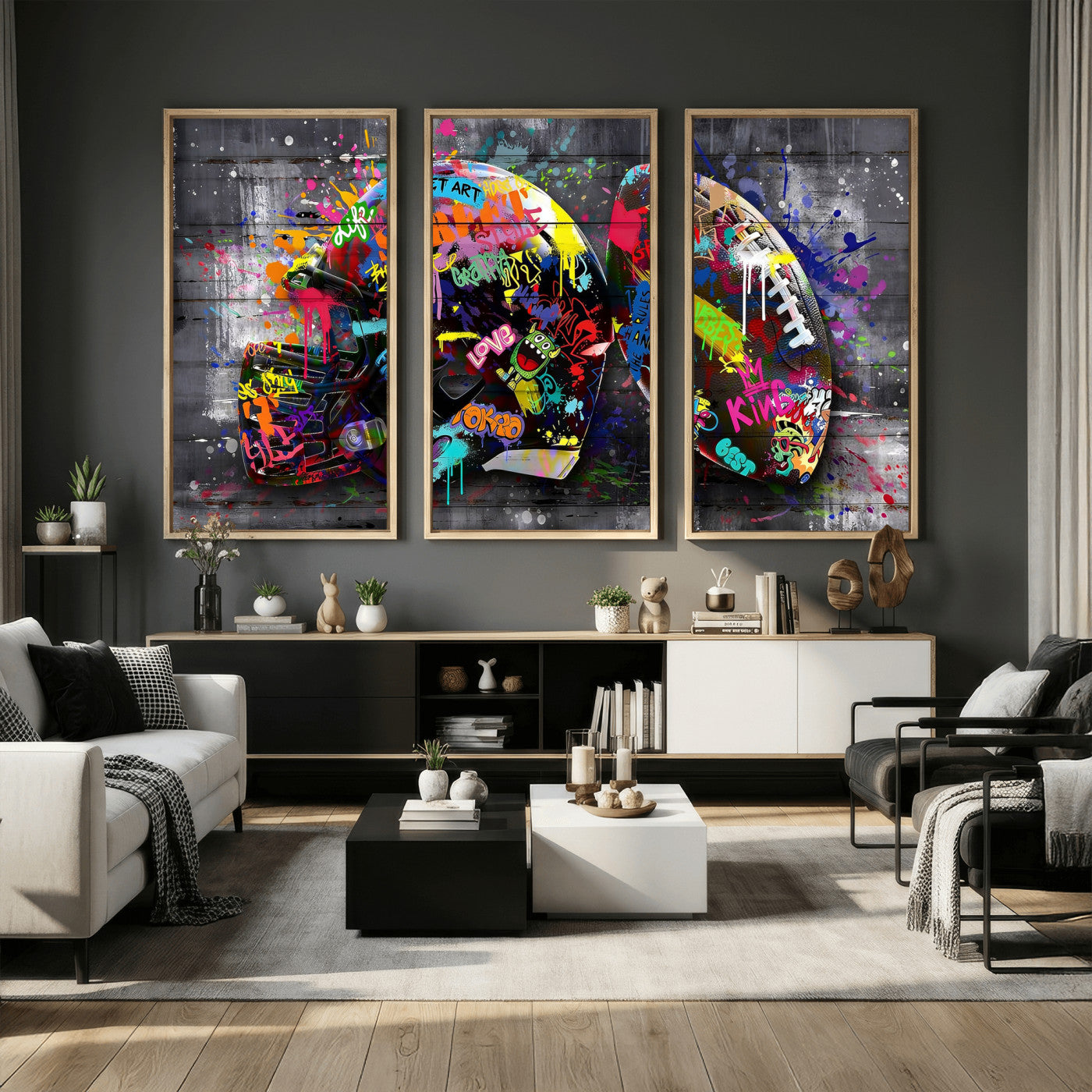 80540773-MGV-CV-36X24 - Graffiti American Football Helmet Street Art Wall Art Canvas Print, Urban Sports Pop Art Football Canvas Print, Colorful Graffiti Sports Contemporary Art Printing