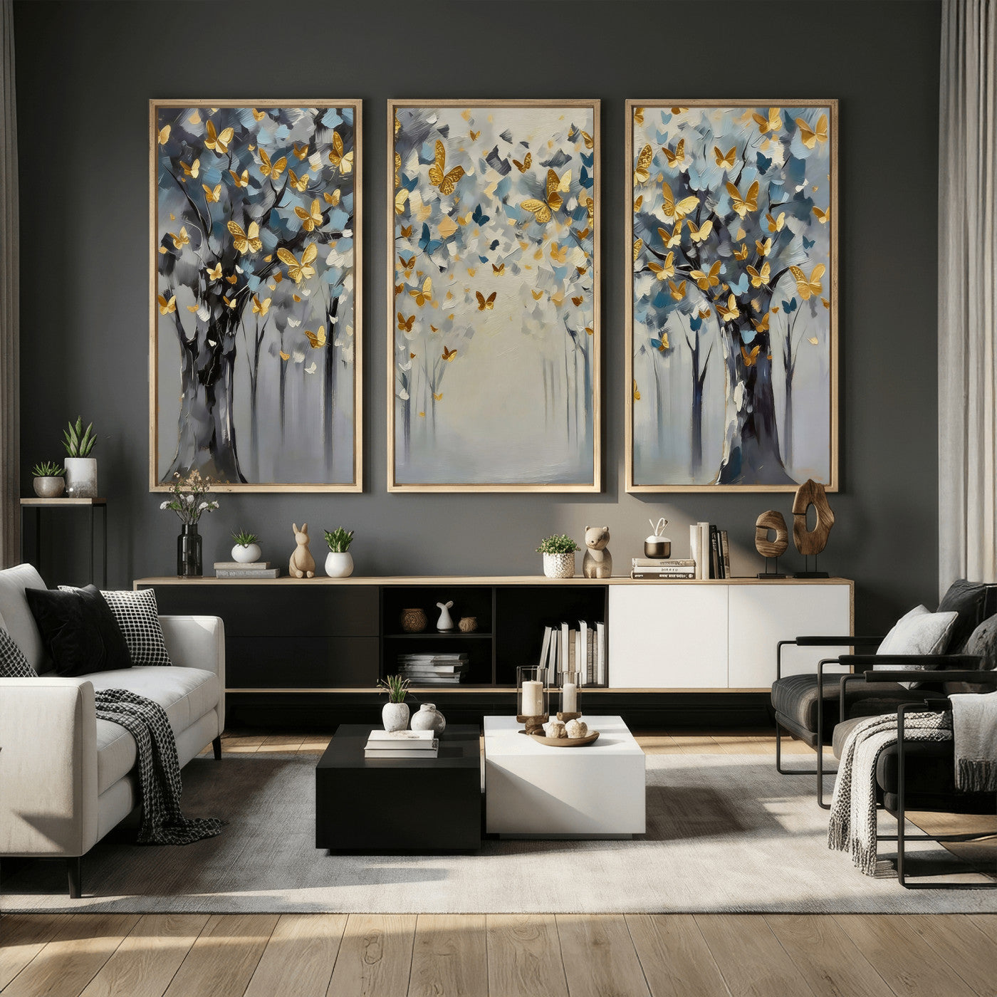 79208191-MGV-CV-36X24 - Golden Butterfly Tree Abstract Wall Art Canvas Print, Modern Elegant Nature Painting Canvas Print, Blue Gold Contemporary Floral Art Printing