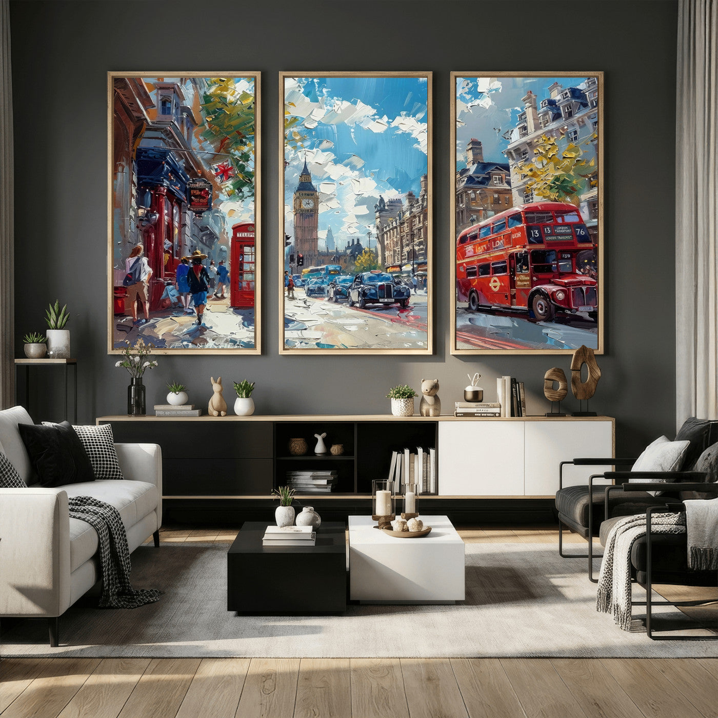17630888-MGV-CV-36X24 - Modern London City Street Wall Art Canvas Print, Big Ben & Red Bus Artwork Canvas Print