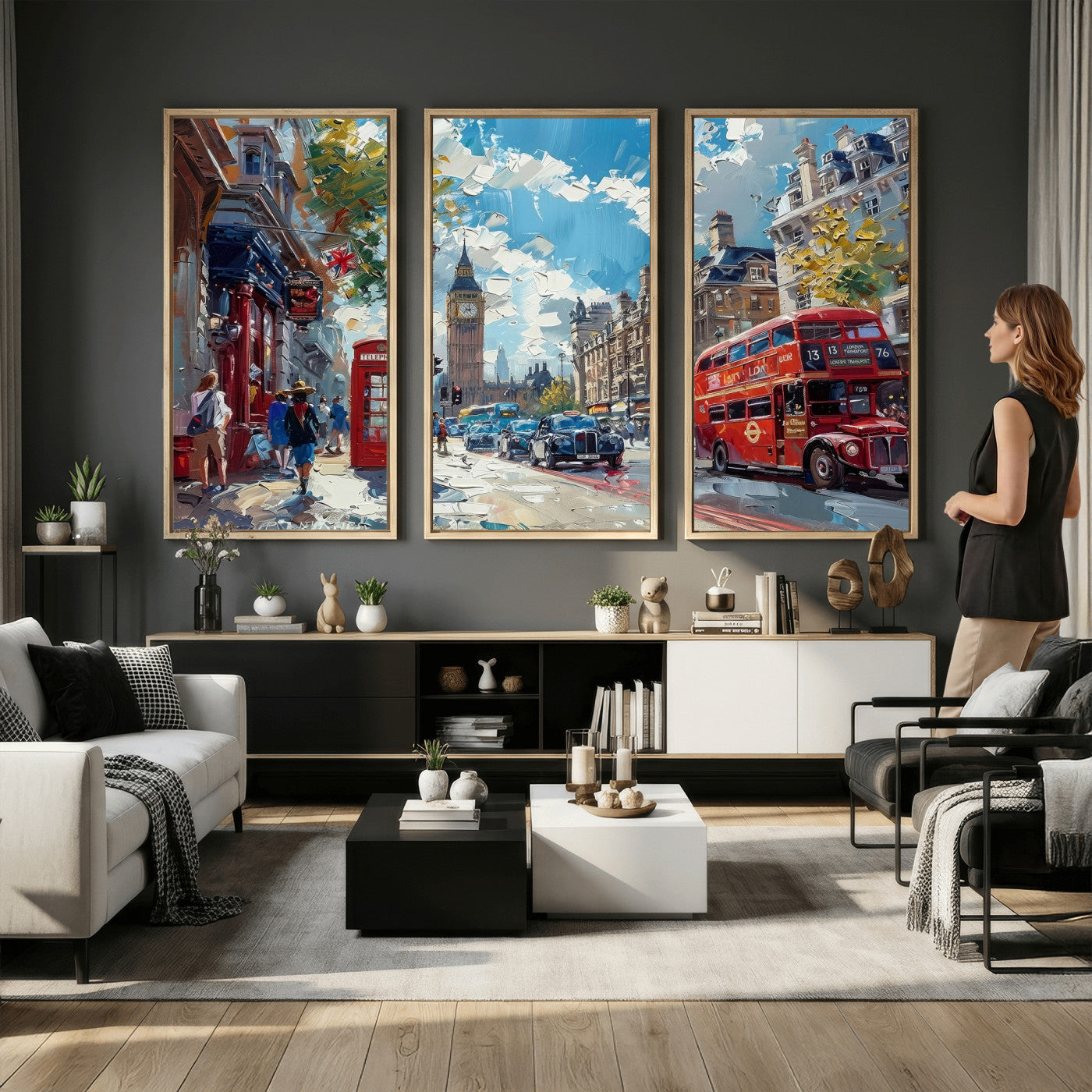 17630888-MGV-CV-36X24 - London Street Canvas Wall Art — Big Ben Red Bus Print | Oil Painting Style | UK City Wall Decor | Travel Art Gift | Living Room Print