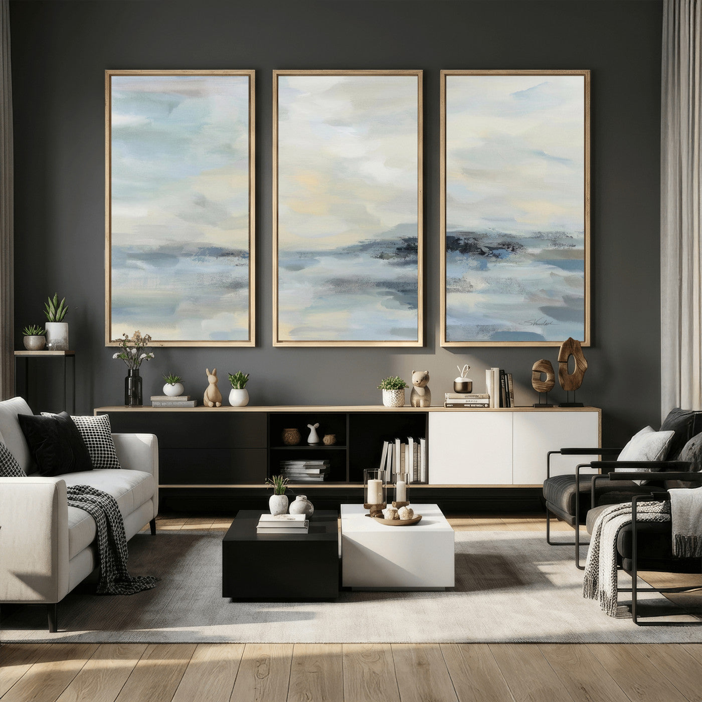 24647355-MGV-CV-36X24 - Abstract Coastal Landscape Wall Art Canvas Print – Soft Blue Gray Minimalist Painting