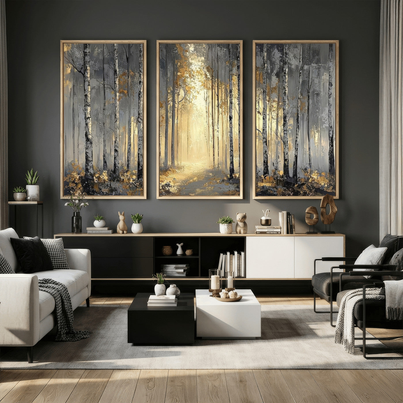 41017042-MGV-CV-36X24 - Abstract Birch Forest Wall Art Canvas Print – Modern Neutral Woodland Landscape Artwork for Living Room Decor