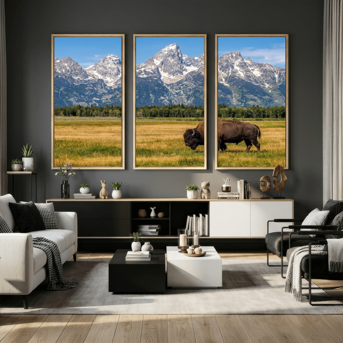 20424529-MGV-CV-36X24 - Bison in Mountain Landscape Wall Art Canvas Print – Western Wildlife Artwork for Rustic Living Room Decor