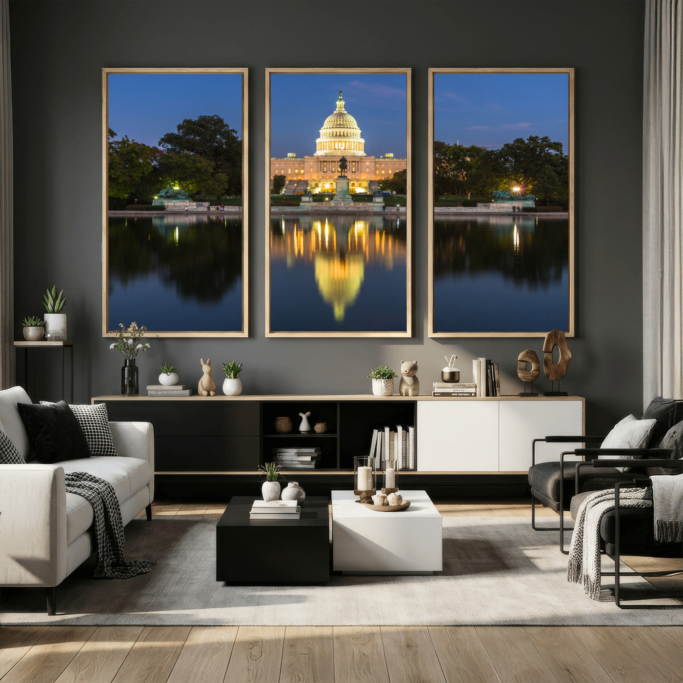 95568590-MGV-CV-36X24 - US Capitol Building Wall Art Canvas Print – Washington DC Landmark Night Reflection Artwork for Office Decor