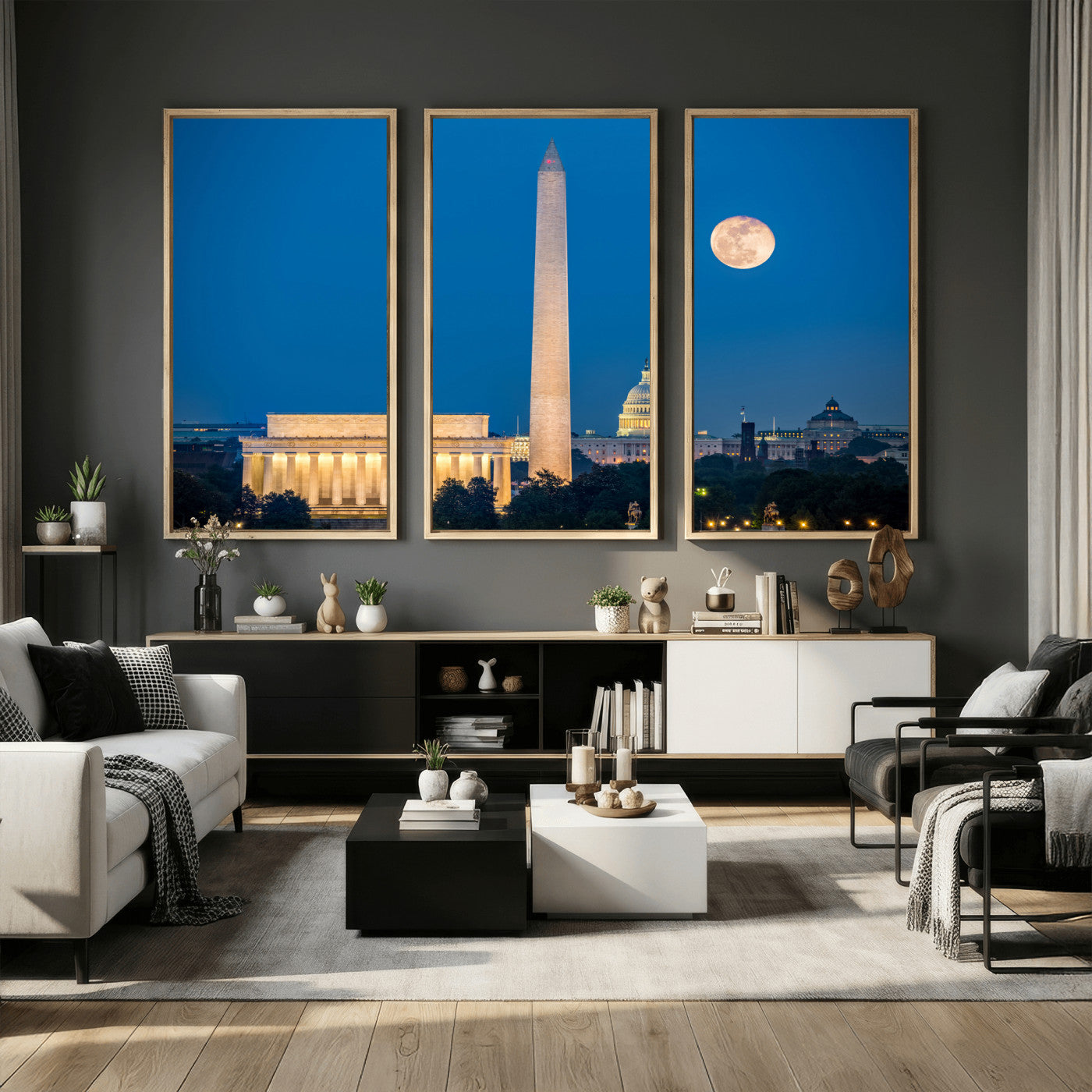 96712946-MGV-CV-36X24 - Washington DC Skyline Wall Art Canvas Print – Lincoln Memorial, Washington Monument and US Capitol Night Cityscape Artwork