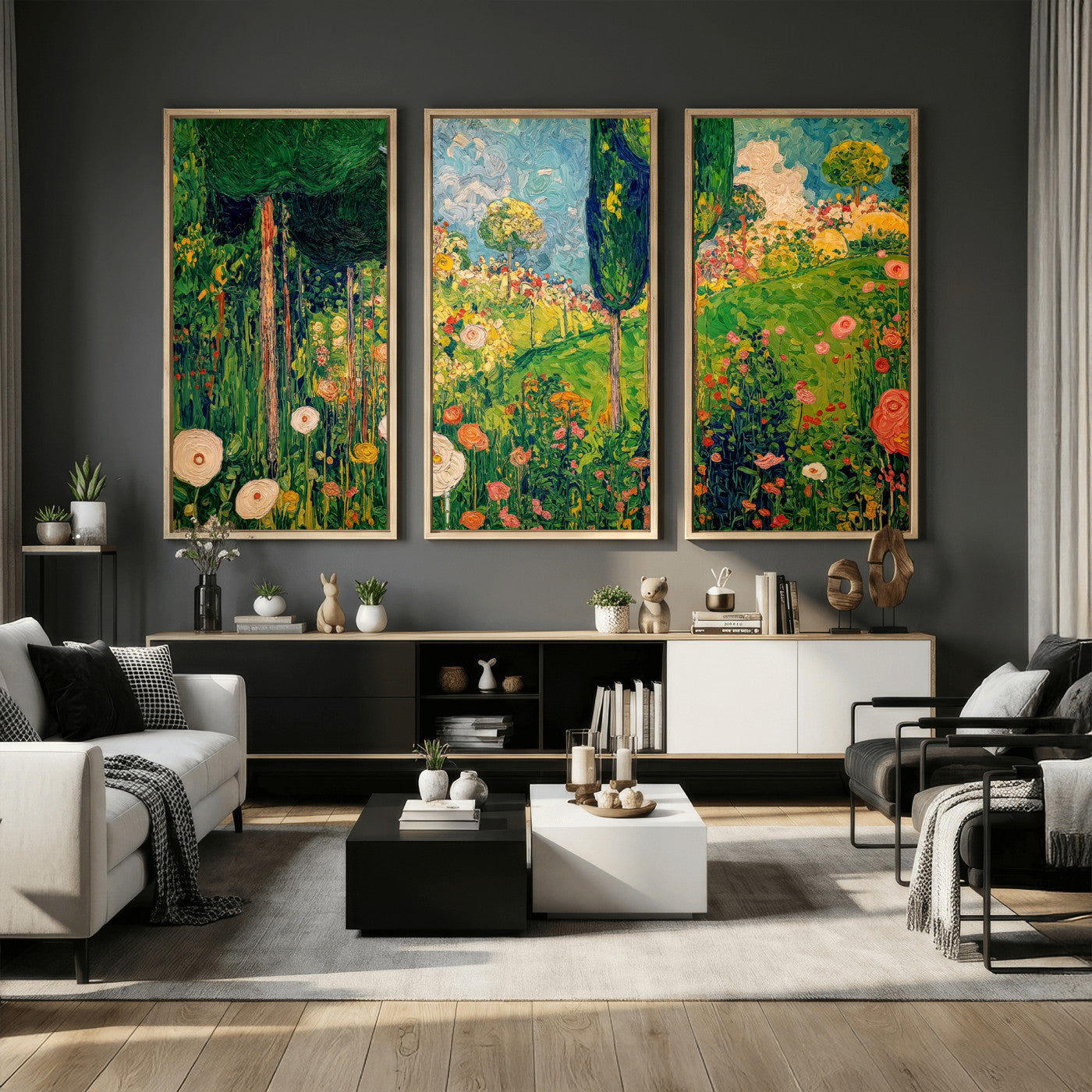 83517974-MGV-CV-36X24 - Gustav Klimt Boho Mountain Landscape Large Wall Art, Horizontal Gold Framed Canvas Print with Sun and Flowers