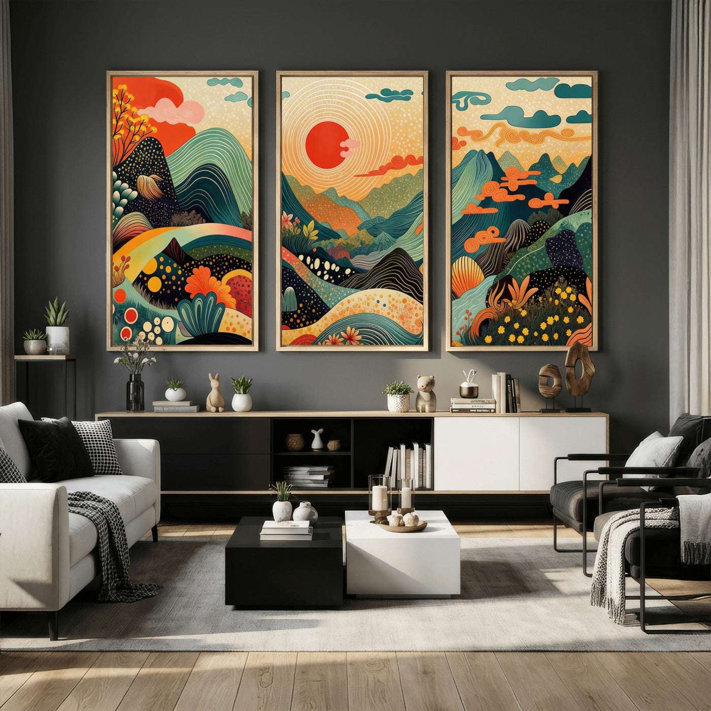 29927191-MGV-CV-36X24 - Yayoi Kusama Boho Mountain Landscape Large Wall Art, Horizontal Gold Framed Canvas Print with Sun and Flowers