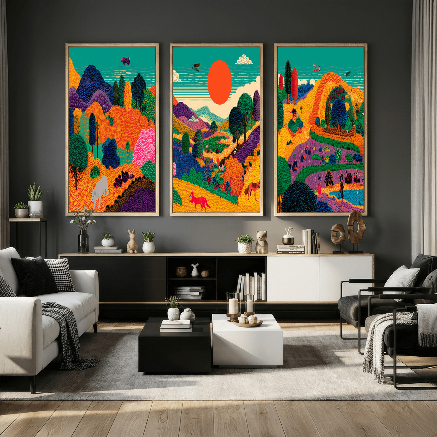 45710397-MGV-CV-48X32-3P - Colorful Japanese Landscape Print: Maximalist Panoramic Wall Art