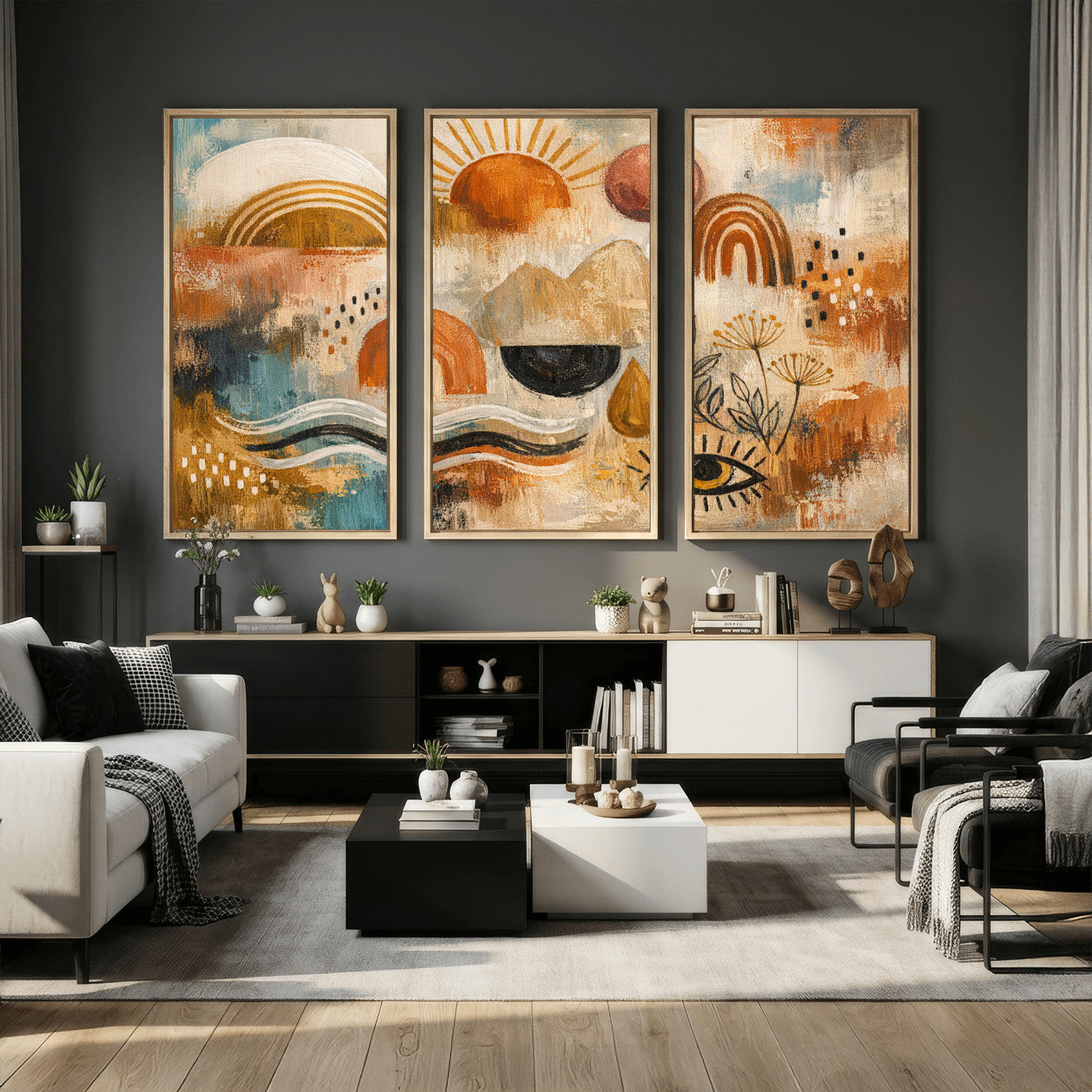 52155239-MGV-CV-36X24 - Geometric Boho Abstract Wall Art Canvas Print, Orange Blue Abstract Expressionist Painting Print, Modern Geometric Abstract Canvas Art