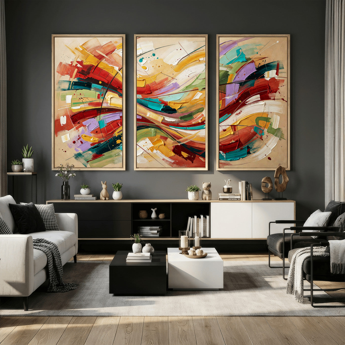 39887645-MGV-CV-36X24 - Geometric Abstract Wall Art Canvas Print, Orange Blue Abstract Expressionist Painting Print, Modern Geometric Abstract Canvas Art