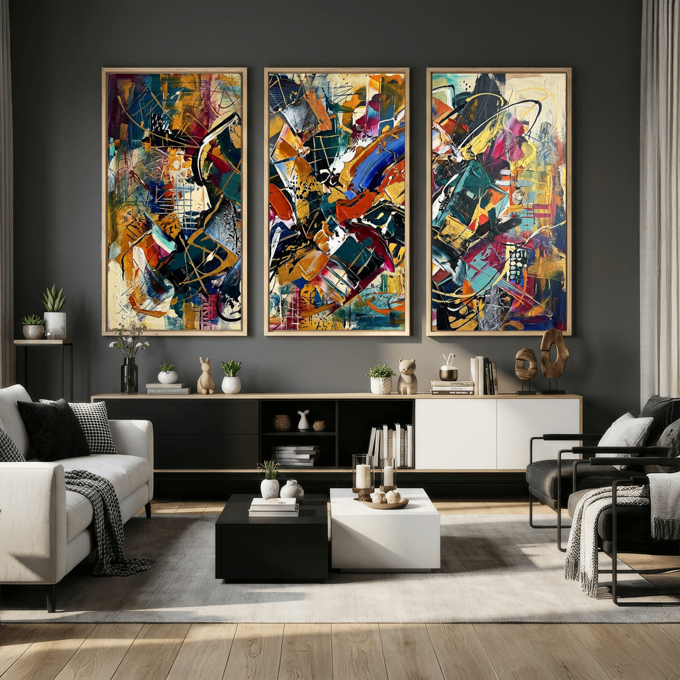 15525527-MGV-CV-36X24 - Geometric Abstract Wall Art Canvas Print, Orange Blue Abstract Expressionist Painting Print, Modern Geometric Abstract Canvas Art