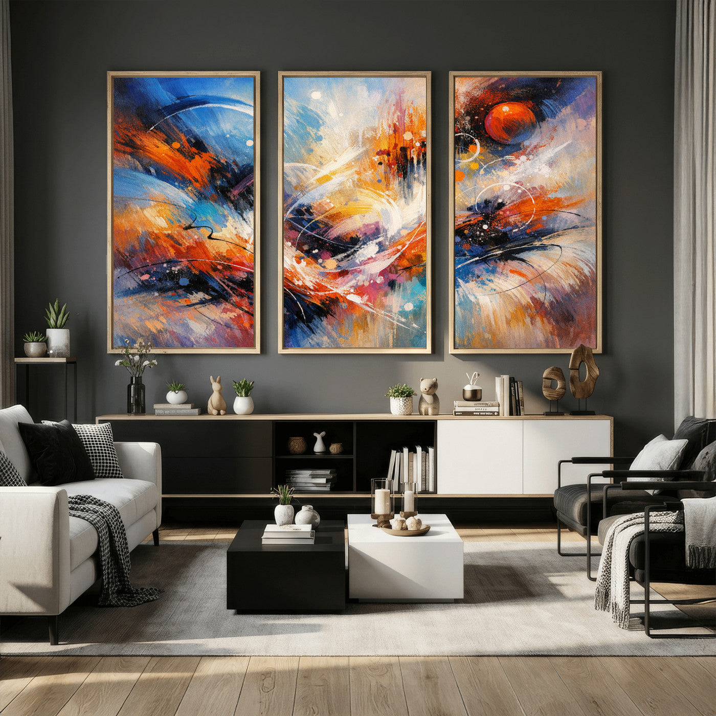 47770355-MGV-CV-36X24 - Geometric Abstract Wall Art Canvas Print, Orange Blue Abstract Expressionist Painting Print, Modern Geometric Abstract Canvas Art