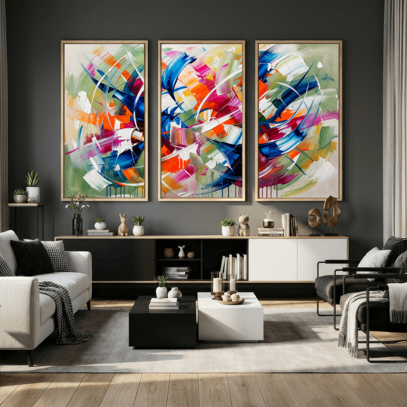 15032888-MGV-CV-36X24 - Geometric Abstract Wall Art Canvas Print, Orange Blue Abstract Expressionist Painting Print, Modern Geometric Abstract Canvas Art