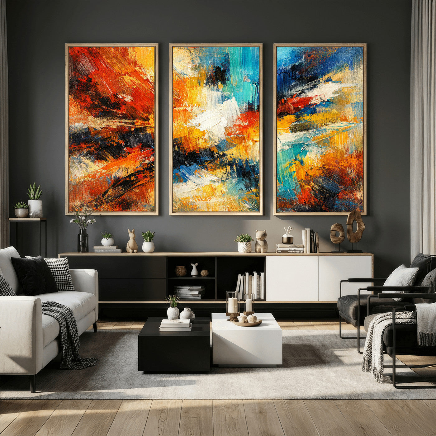 93167583-MGV-CV-36X24 - Geometric Abstract Wall Art Canvas Print, Orange Blue Abstract Expressionist Painting Print, Modern Geometric Abstract Canvas Art