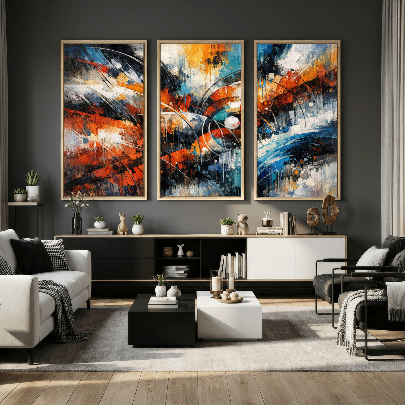 47120691-MGV-CV-36X24 - Geometric Abstract Wall Art Canvas Print, Orange Blue Abstract Expressionist Painting Print, Modern Geometric Abstract Canvas Art