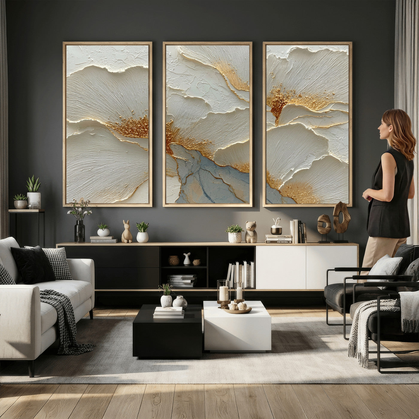 4712069F1-MGV-CV-36X24 - White Gold Floral Canvas Wall Art — Textured Flower Print | Luxury Botanical Decor | Elegant Bedroom Art | Gold Leaf Wall Art Gift